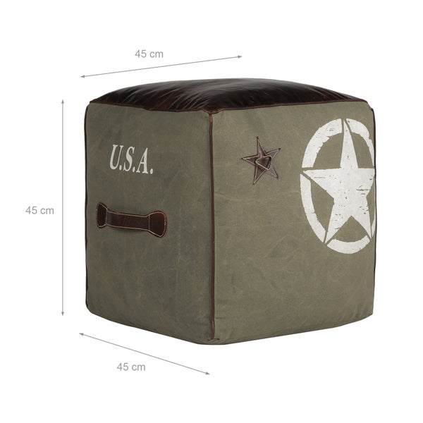 WOMO-DESIGN Sitzwürfel Omaha 45 cm, Oliv/Braun, Unikat, handgefertigt aus Echtleder/Segeltuch, Baumwolle Füllung, Quadratischer Sitzpouf Sitzpuff Pouf Puff Sitzhocker Sitzkissen Fußhocker Ottoman