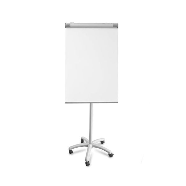 Mobiler Flipchart mit weißer Schreibfläche, Papierklemme und grauem Sternfuß auf Rollen.