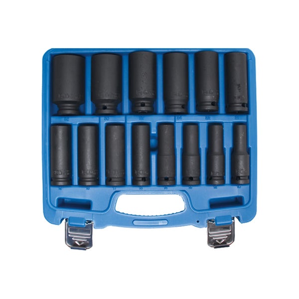 Steckschlüsselsatz mit verschiedenen Steckschlüsseleinsätzen in blauem Koffer