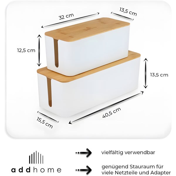 Zwei Kabelboxen mit Bambusdeckel, Maße 32 x 13,5 x 12,5 Zentimeter und 40,5 x 15,5 x 13,5 Zentimeter, vielseitig verwendbar, addhome Logo.