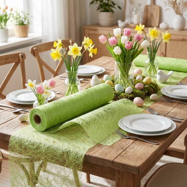 Eine grüne Sisal Tischläufer Rolle auf einem mit Frühlingsblumen und Ostereiern dekorierten Holztisch für die festliche Tischdekoration.