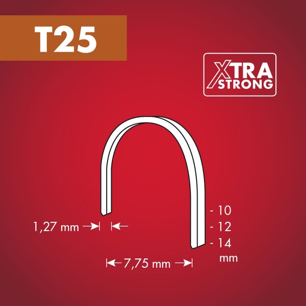T25 Heftklammer, Breite 7,75 Millimeter, Stärke 1,27 Millimeter, verfügbare Längen 10, 12 und 14 Millimeter. XTRA STRONG Logo.