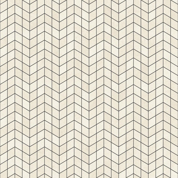 Geometrische Tapete mit schwarzem Zickzack Muster und feinen Linien in Rautenform.