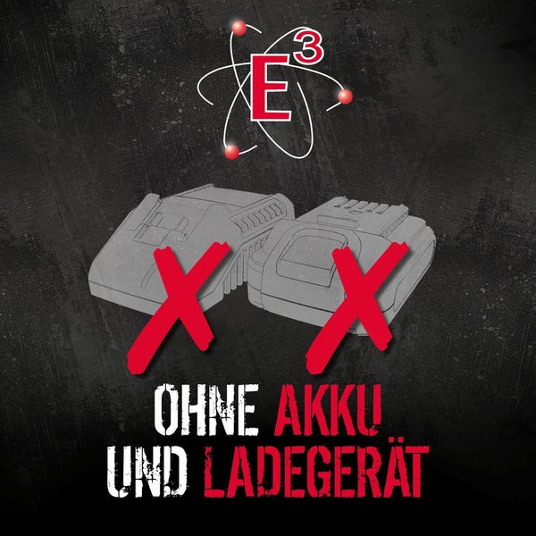 Symbol-Grafik mit E3-Logo: Hinweis, dass die Lieferung ohne Akku und ohne Ladegerät erfolgt.