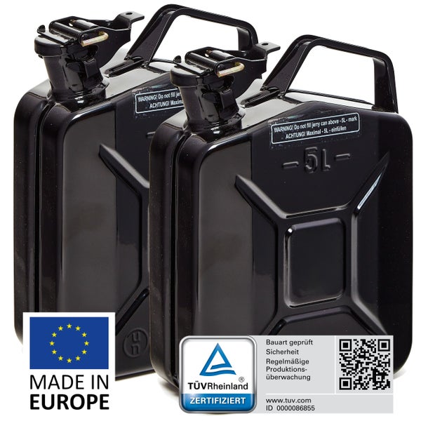 BW® Kraftstoffkanister Metall Benzinkanister 2x 5 Liter - Schwarz - RAL 9005 - TÜV-geprüft und UN-Zulassung - Made in Europe
