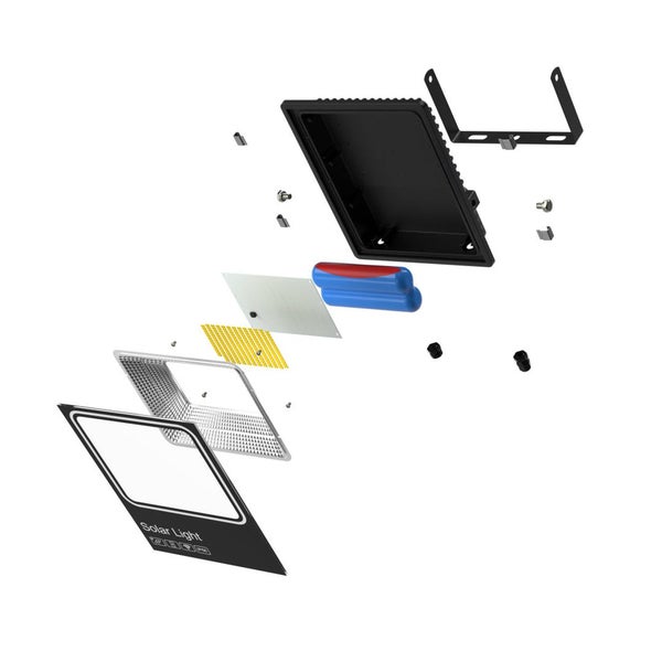 Explosionsdarstellung einer Solarleuchte mit Montagebügel und Befestigungsmaterial.