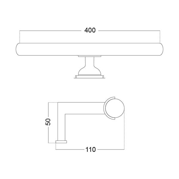 Maßzeichnung einer Wandleuchte. Länge 400 Millimeter, Tiefe 110 Millimeter, Höhe 50 Millimeter.
