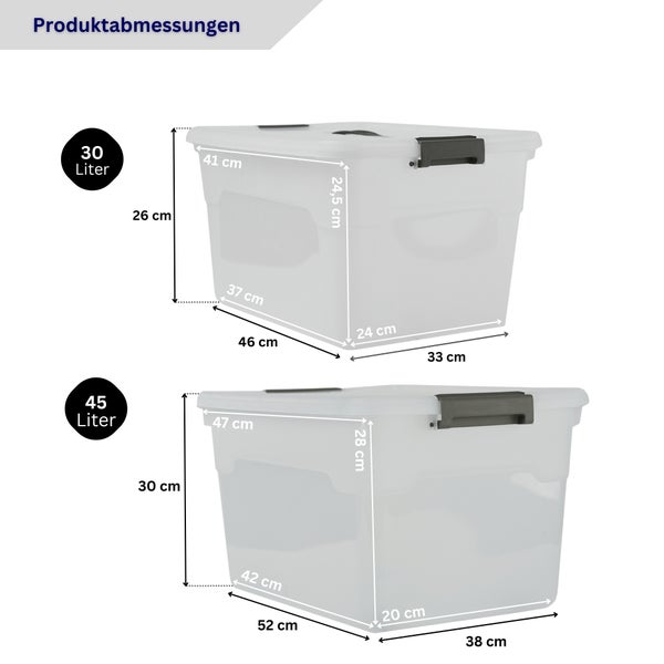Produktabmessungen für transparente Aufbewahrungsboxen mit 30 Litern und 45 Litern, inklusive Außenmaßen und Innenmaßen in Zentimetern.