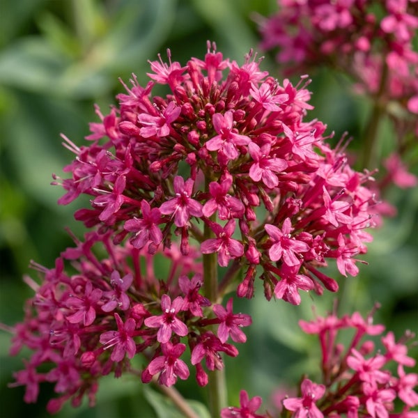 Nahaufnahme einer Roten Spornblume Centranthus ruber mit vielen kleinen Blüten.
