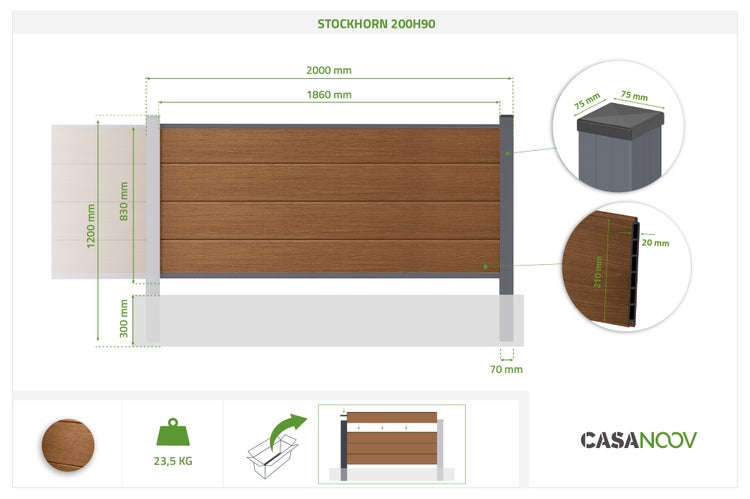 Sichtschutzzaun Stockhorn 200H90 von Casanoov: Maße 2000 Millimeter Breite, 1200 Millimeter Höhe, 23,5 Kilogramm Gewicht und Casanoov Logo.