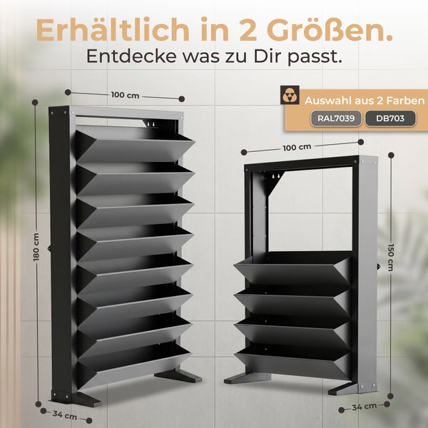 Zwei Wandregale aus Metall für Pflanzen mit Maßen von 180 mal 100 mal 34 Zentimeter und 150 mal 100 mal 34 Zentimeter in zwei Farbausführungen.
