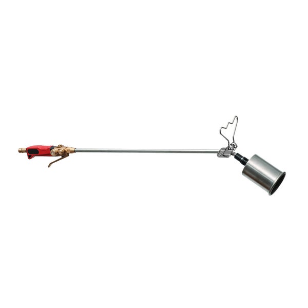 Abflammgerät mit langem Schaft, rotem Handgriff und Metallbrennerkopf für die Unkrautvernichtung.