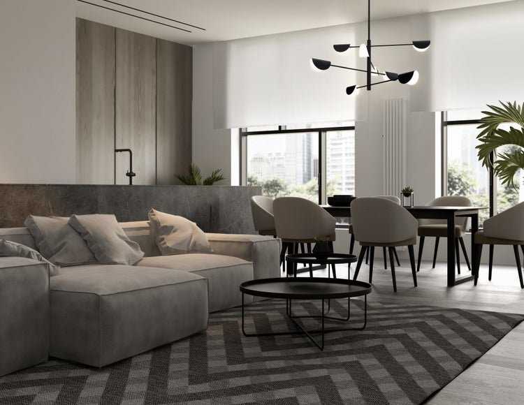 Helles Wohnzimmer mit Sofa, Esstisch, Stühlen und Teppich