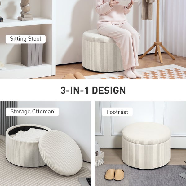 HOMCOM Sitzhocker mit Stauraum Hocker mit Deckel, Runder Polsterhocker Fußhocker mit Cord-Optik für Wohnzimmer, Schlafzimmer 60 x 60 x 41 cm Beige