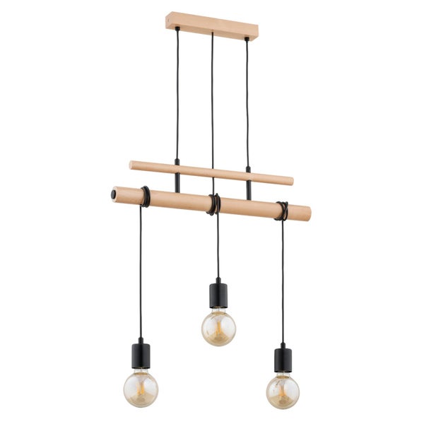 Hängeleuchte mit drei Lichtquellen aus Holz und Metall im modernen Design