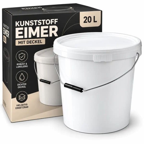 Kunststoffeimer mit Deckel, 20 Liter Fassungsvermögen, robuster Eimer mit Metalltragegriff und Kunststoffgriffstück in der Verpackung.