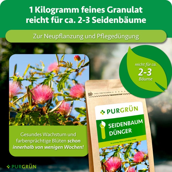 PURGRÜN Seidenbaum Dünger Granulat zur Neupflanzung und Pflegedüngung, ausreichend für zwei bis drei Bäume, in wiederverschließbarer Verpackung.