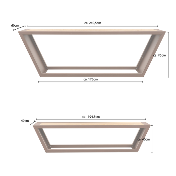 Maße für Tisch und Bank mit Trapezgestell. Tisch: circa 240,5 mal 76 mal 60 Zentimeter. Bank: circa 194,5 mal 46 mal 40 Zentimeter.
