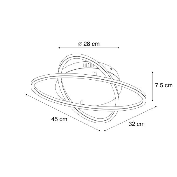 Technische Zeichnung einer Deckenleuchte mit den Maßen 28 cm Durchmesser, 45 cm Länge, 32 cm Breite und 7,5 cm Höhe.