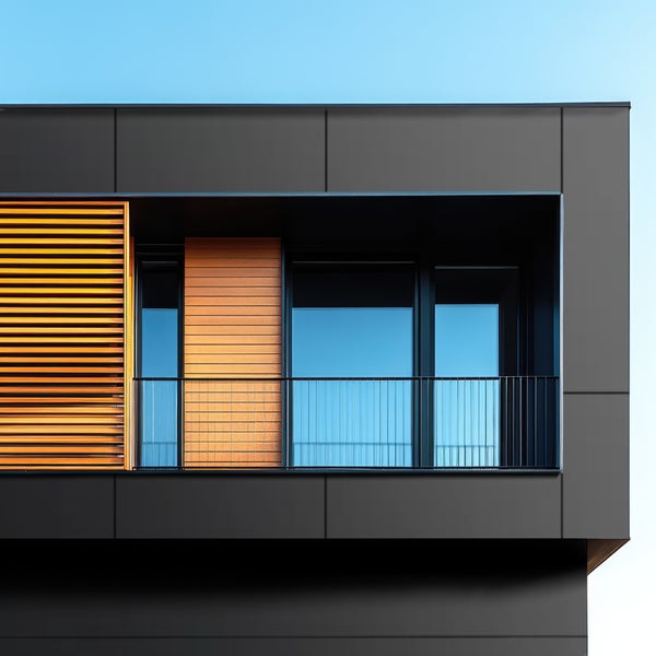 Fassade eines modernen Gebäudes mit Balkon und Jalousien