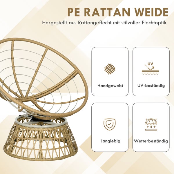 Papasan-Sessel aus PE-Rattan-Geflecht, handgewebt, UV-beständig, langlebig und wetterbeständig.