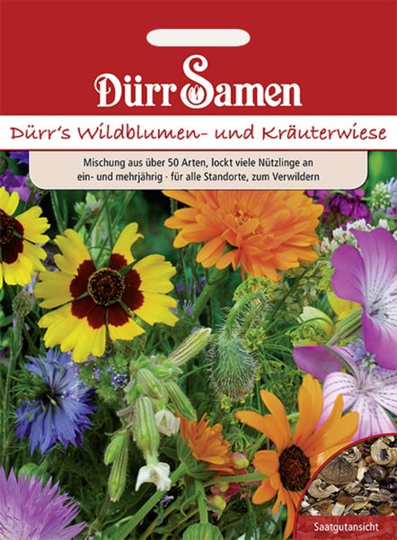 Samentüte Dürr Samen Wildblumen- und Kräuterwiese, Mischung aus über 50 Arten zur Förderung von Nützlingen, einjährig und mehrjährig.