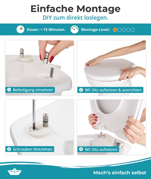 Calmwaters® WC Sitz Original einfache Montage, Premium Toilettendeckel bis 250 kg, Made in EU, aus antibakteriellem Duroplast, doppelte Absenkautomatik, 2 Montage Optionen, abnehmbar, Klobrille, oval, Weiß