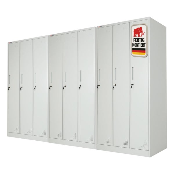 Proregal Logo. Metall-Garderobenschrank mit 9 Abteilen, lichtgrau, fertig montiert, mit Zylinderschloss und Belüftungsschlitzen.