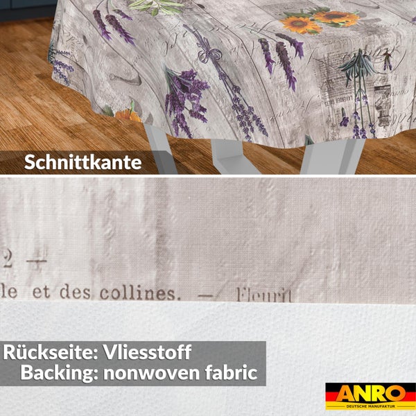 Abwaschbare Wachstuchtischdecke von ANRO mit Lavendel- und Sonnenblumen-Motiv in Holzoptik, Vliesstoff-Rückseite und Schnittkante. ANRO Logo.