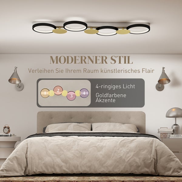Schlafzimmer mit Deckenleuchte mit vier Ringen und goldenen Akzenten für moderne Raumgestaltung.