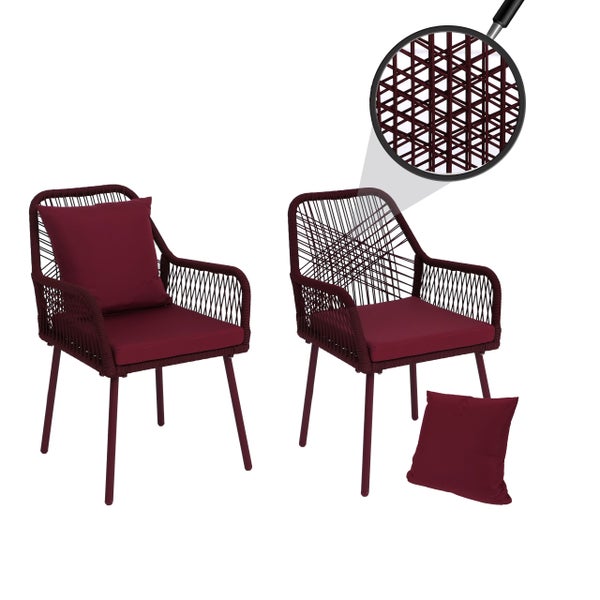 Zwei Gartenstühle mit Sitz- und Rückenkissen, Geflecht aus Seilen und Metallgestell. Lupe zeigt Detail des Geflechts.