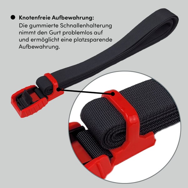 Spanngurt mit gummierter Schnallenhalterung für eine knotenfreie und platzsparende Aufbewahrung des Gurtbandes.