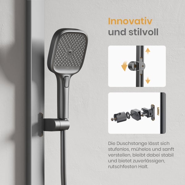 EMKE Duschsystem Thermostatmischer, Dreifunktionsbrause Gewehrgrau, 360×485×1120 mm