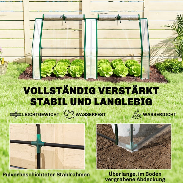 Verstärktes, stabiles Doppel-Frühbeet mit pulverbeschichtetem Stahlrahmen und wasserdichter Abdeckung im Garten, leichtgewichtig und wetterfest.