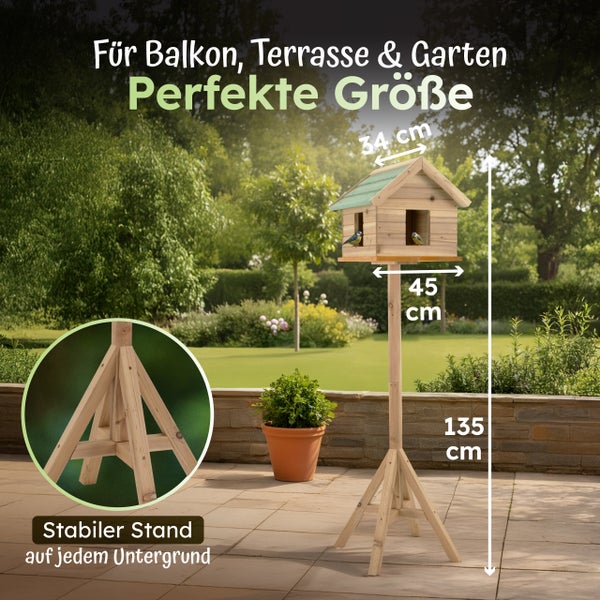 Vogelhaus aus Holz auf Standbein mit Detailansicht des stabilen Dreibeinfußes und Maßangaben für Garten, Terrasse und Balkon.