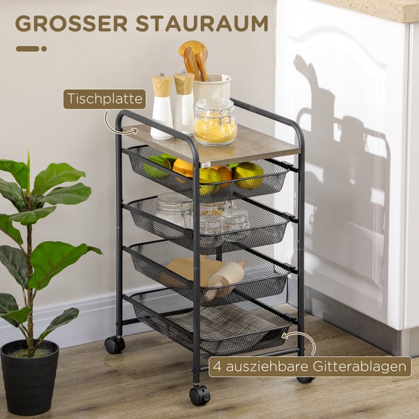 HOMCOM Rollwagen, Küchenwagen mit 4 Körben, Aufbewahrungsregal mit Rollen, Haushaltregal, Servierwagen für Schlafzimmer, Wohnzimmer, Stahl, Schwarz, 41,5 x 31 x 66 cm