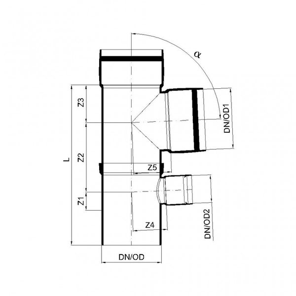 Technische Zeichnung eines Rohr-Doppelabzweigs mit Maßangaben für Länge, Durchmesser und Winkel.