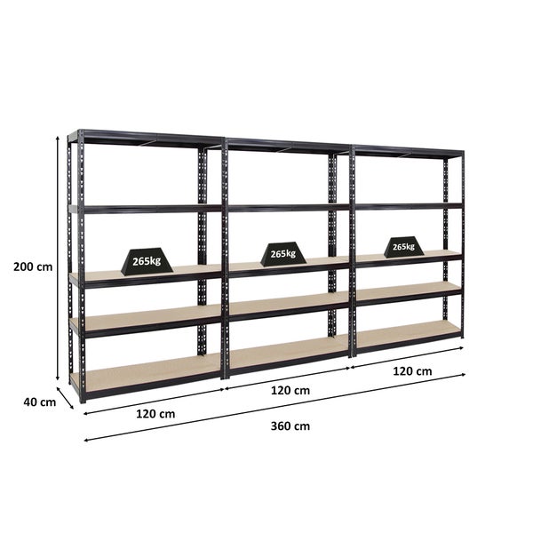 PROREGAL Mega Deal 3x Schwerlastregal Giant Tiger HxBxT 200 x 120 x 40 cm Fachlast 265 kg 5-Ebenen Schwarz
