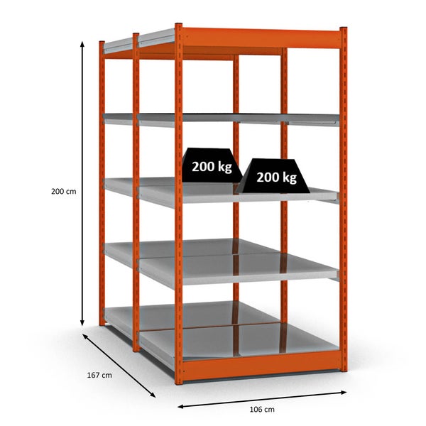 PROREGAL Fachbodenregal Stecksystem Vierkant-Profil Grundregal HxBxT 200 x 102,5 x 80 cm 2x5 Ebenen Doppelseitige Bauart Fachlast 200 kg Orange