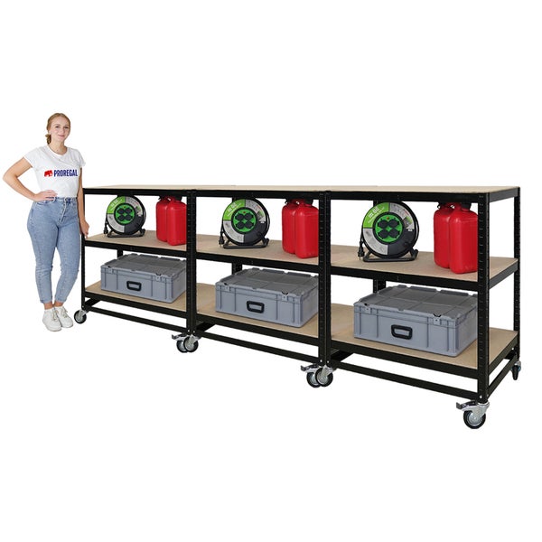 PROREGAL Mega Deal 3x Kommissionierwagen BÜFFEL Fahrbares Kommissionierregal 100x90x50cm 3 Ebenen Fachlast 50kg 2X Lenkrollen & 2X Lenkrollen mit Feststellbremse Schwarz
