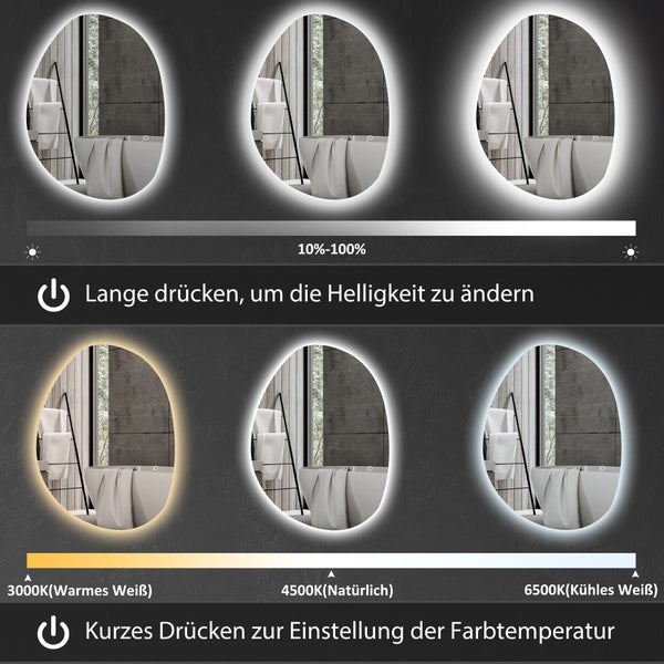 HOMCOM Badspiegel mit Beleuchtung 70x50 cm LED Spiegel mit Touchschalter, 3 Lichtfarben, Asymmetrischer Badezimmerspiegel mit Anti-Beschlag- & Memoryfunktion, Wandspiegel IP44, für Badezimmer