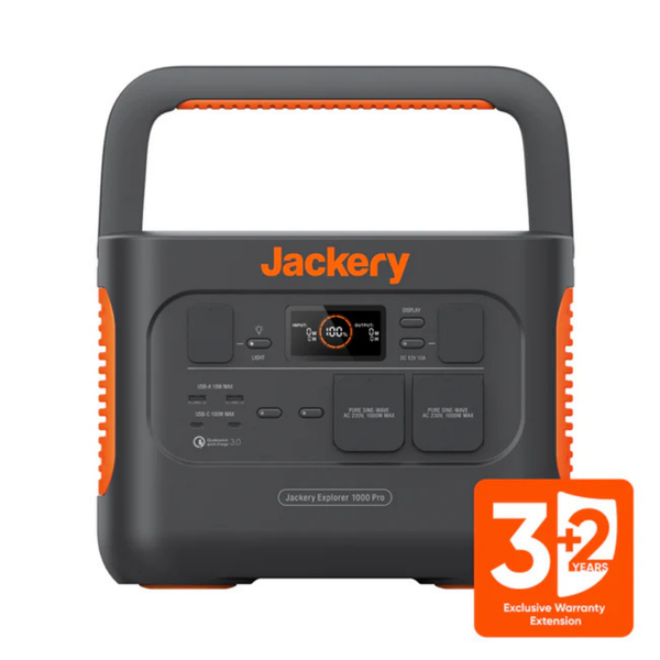 Jackery Explorer 1000 Pro Tragbare Powerstation mit LCD-Display, USB-Anschlüssen, Steckdosen und drei plus zwei Jahren Garantieverlängerung.