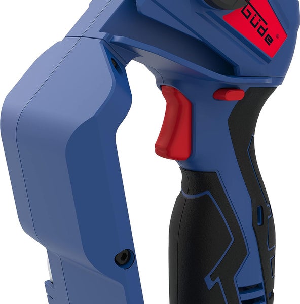 Güde Logo auf dem ergonomischen Handgriff eines Elektrowerkzeugs mit rotem Auslöser und gummierter Grifffläche.