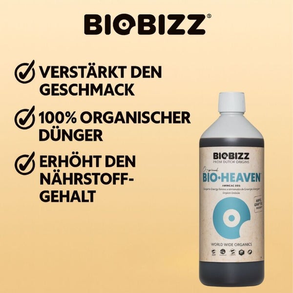 Biobizz Bio-Heaven 100 Prozent organischer Dünger zur Geschmacksverstärkung und Erhöhung des Nährstoffgehalts. Biobizz Logo.