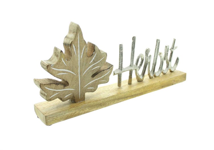 Dekorationsobjekt mit Ahornblatt und dem Wort Herbst aus Holz