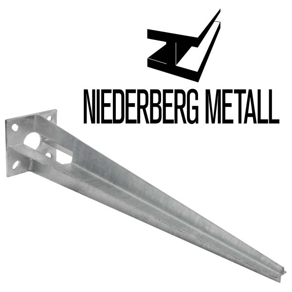 Einschlagbodenhülse aus feuerverzinktem Stahl mit Montageplatte und Niederberg Metall Logo.