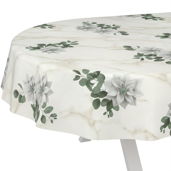 Runde Tischdecke mit Marmor-Optik, Blüten- und Blättermuster.