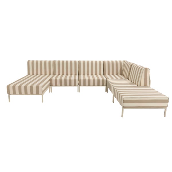 Modulares Gartensofa-Set in U-Form mit gestreiften Polstern und Metallgestell.