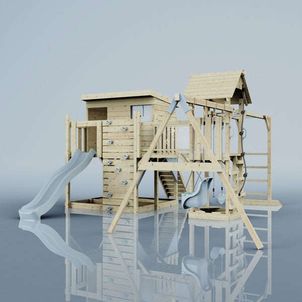 Spielturm aus Holz mit Rutsche, Schaukel und Kletterwand