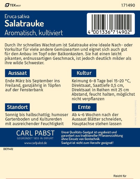 Rückseite der Samentüte für Salatrauke Eruca sativa von Carl Pabst mit Anbauhinweisen. Carl Pabst Logo und TEK WEST Logo.